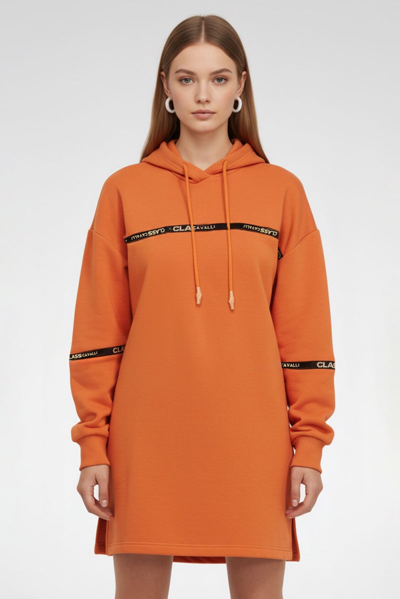 Cavalli Class Women Hood Long Sleeves Sweater Dress, Orange - Image 2